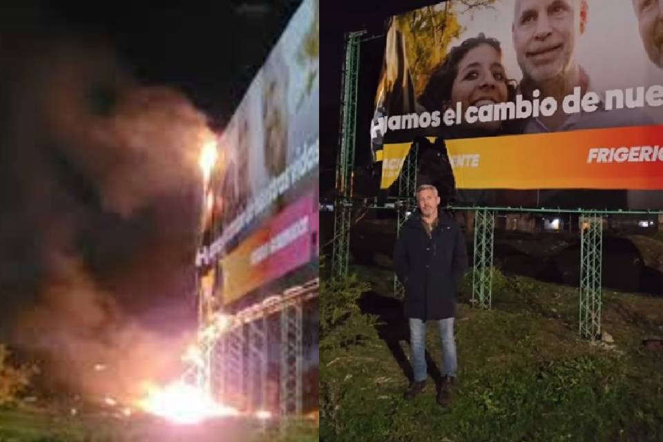 Frigerio denunció que le prendieron fuego un cartel