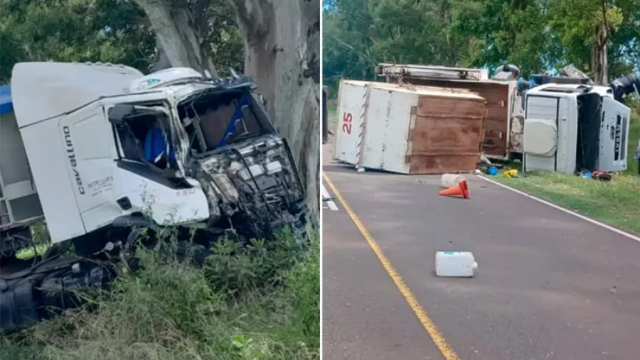 Choque y vuelco de dos camiones en la ruta 11, cerca de Diamante: conductor con lesiones leves